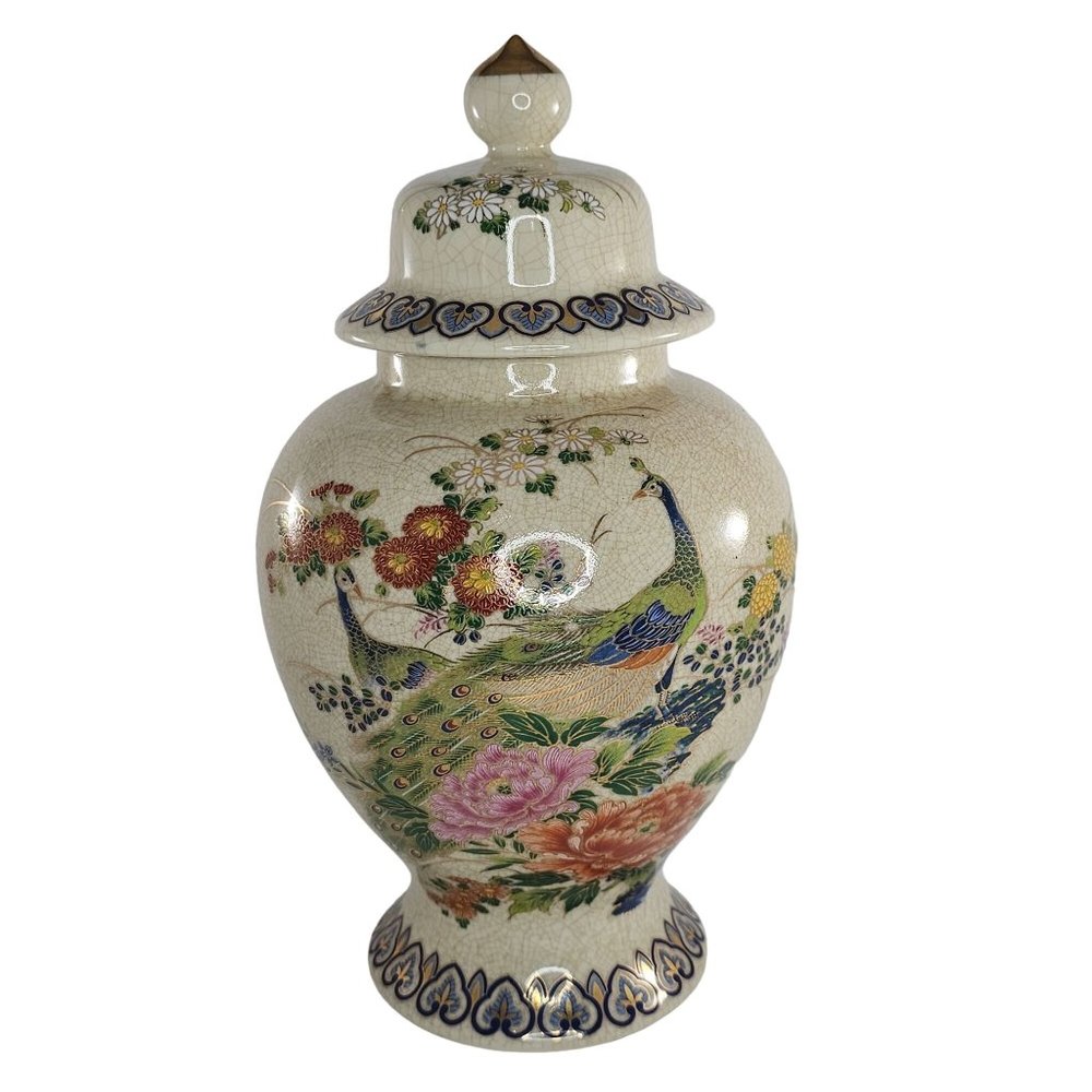 Vintage Sanford Japan Ginger Jar Lidded Vase Peacock